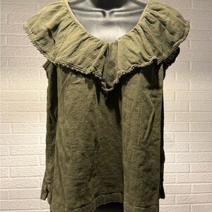 LOFT Green Puff Sleeve Ruffled Blouse